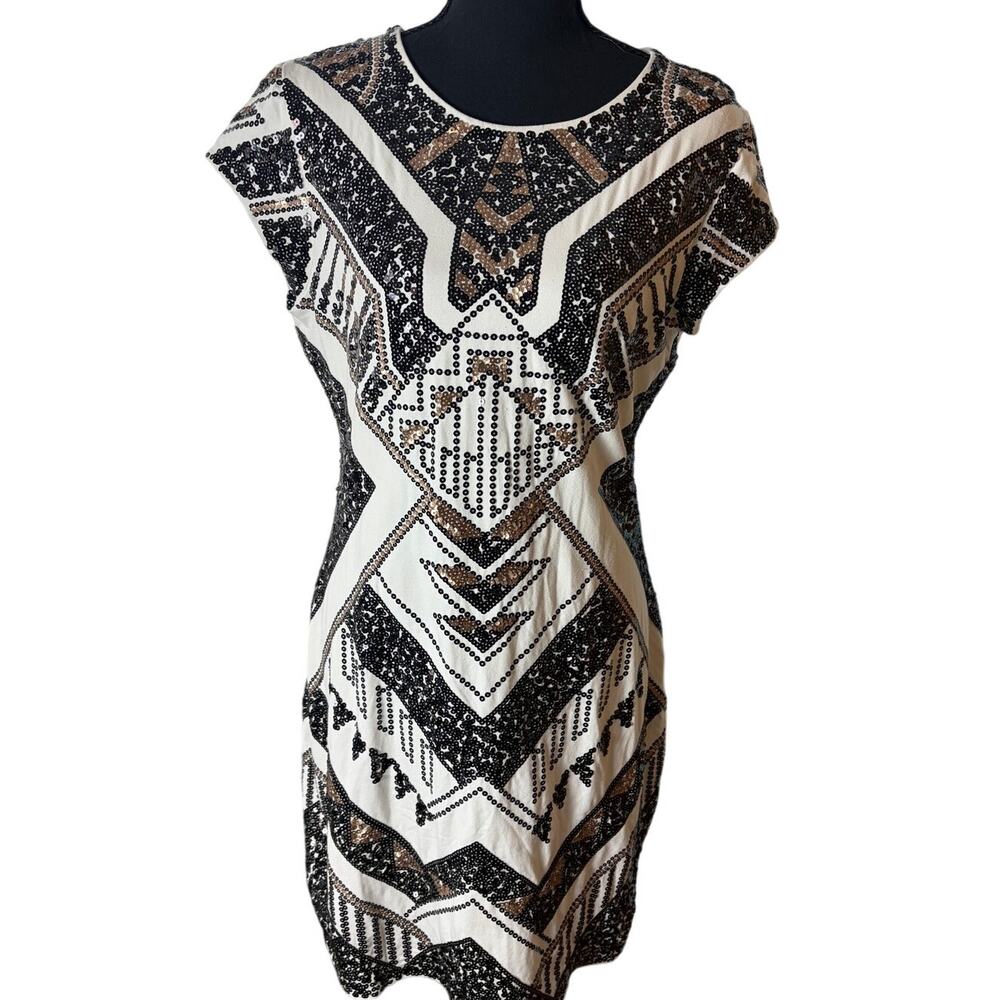 Express Geometric Sequin Dress L Black Gold Cream Art Deco Bodycon Cocktail